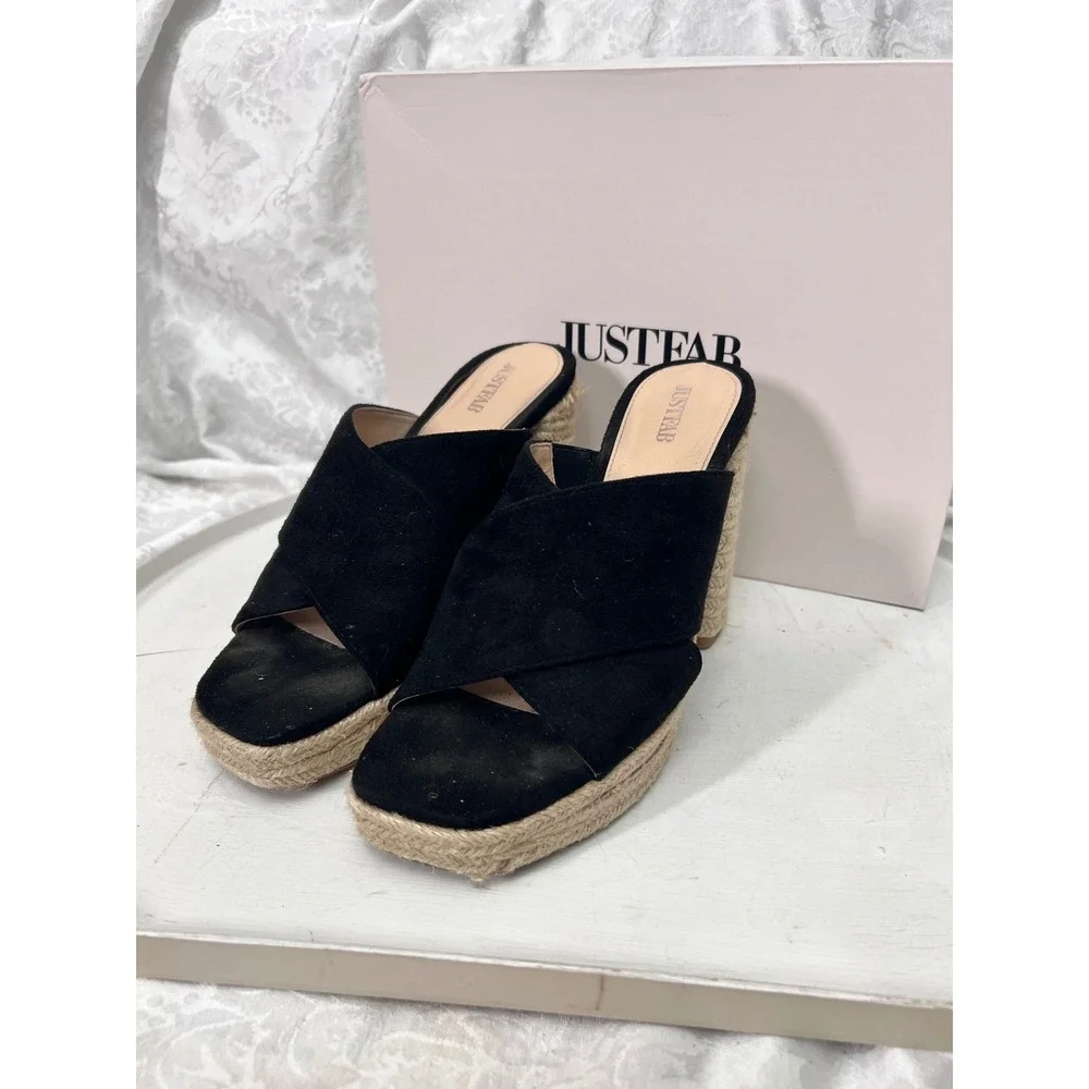 JustFab Say My Name Black Espadrille Mule Platform Block Heel Sandals 8.5